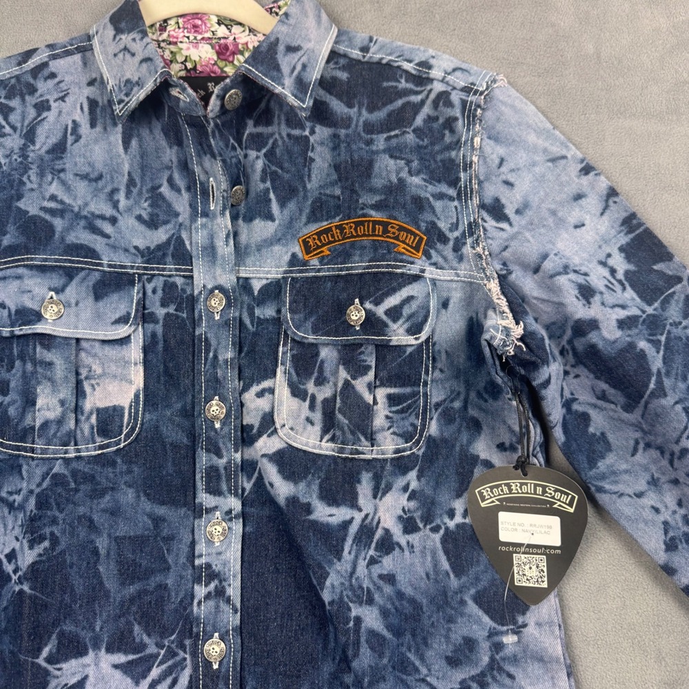 Rock Roll n Soul‎ Navy Lilac Tie Dye Denim Shirt RRJW198 Small NWT